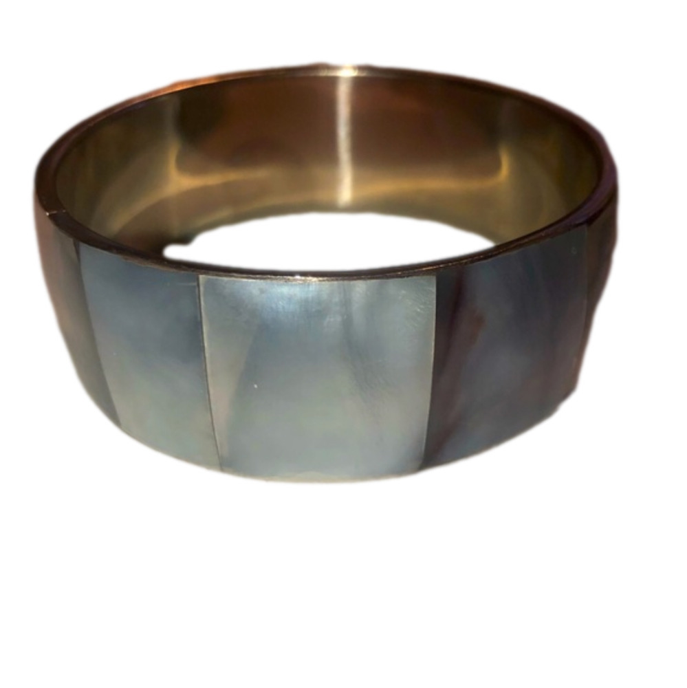 VTG Blue Mother of Pearl Square Tile Inlay Wide Bangle Silver Metal 8” C 2.6” D